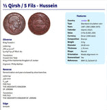 1975 Jordan 5 Fils coin pendant King Hussein I Hashemite Kingdom Amman Zarqa Irbid Russeifa Petra Ar-Ramtha Aqaba Al-Mafraq Madaba n001914