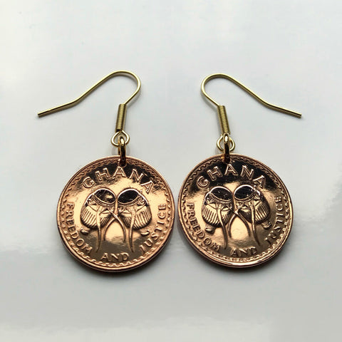 1967 Ghana 1/2 Pesewa coin earrings Akan Adowa Bush drums Accra Black Star Mole-Dagbon Fante Cape Coast Osu Wa Ewe Ga drum Oti Africa e000321