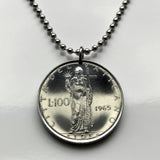 1963 Vatican City Rome Italy 100 Lire coin pendant Fides Roman goddess trust fidelity faith crucifix Pope Pavlvs VI bishop Holy See Roman Catholic Church Apostolic Papal Lateran Palace Sistine Chapel Saint Peter's Basilica diocese Jesus Christ n003270