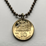 1971 Chile 10 Centesimos coin pendant  escudo Chileno estrella blanca condor huemul Santiago Iquique Rancagua Pintana Temuco Araucania Coquimbo Concepcion Viña del Mar Mapuche Valparaiso Atacama Desert n000360