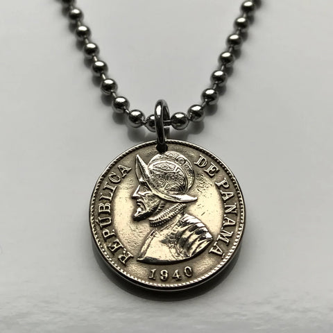1940 Panama 2-1/2 Centésimos coin pendant necklace jewelry armored helmet Vasco Núñez de Balboa Vista Alegre Santiago de Veraguas Colón Casco Viejo Coronado San Miguelito Las Cumbres La Chorrera n001175