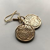 South Africa 20 Cents coin earrings King Protea flower plant Cape Town Johannesburg Pretoria Bloemfontein Port Elizabeth Limpopo Soweto Limpopo Nguni Bantu Zulu isiXhosa Afrikaans e000380