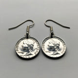 Hungary Magyar 5 Filler coin dangle earrings Hungarian girl Kalocsa tulokparta headdress folk wear Sarkoz costume Matyo embroidery Budapest Debrecen Szeged Miskolc Pecs Gyor Kecskemet Nyiregyhaza e000399