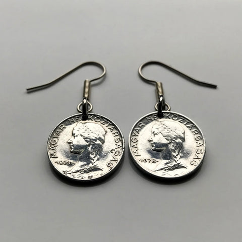 Hungary Magyar 5 Filler coin dangle earrings Hungarian girl Kalocsa tulokparta headdress folk wear Sarkoz costume Matyo embroidery Budapest Debrecen Szeged Miskolc Pecs Gyor Kecskemet Nyiregyhaza e000399