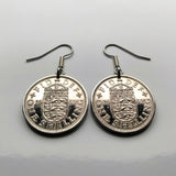 1962 England 1 Shilling coin earrings English shield 3 lions royal arms London Manchester Liverpool Nottingham Sheffield Bradford Birmingham Newcastle Leeds Bristol Southampton United Kingdom e000404