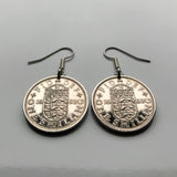 1962 England 1 Shilling coin earrings English shield 3 lions royal arms London Manchester Liverpool Nottingham Sheffield Bradford Birmingham Newcastle Leeds Bristol Southampton United Kingdom e000404