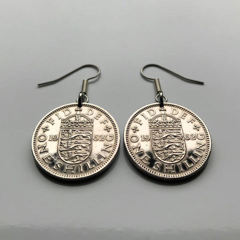 1962 England 1 Shilling coin earrings English shield 3 lions royal arms London Manchester Liverpool Nottingham Sheffield Bradford Birmingham Newcastle Leeds Bristol Southampton United Kingdom e000404