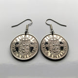 1962 England 1 Shilling coin earrings English shield 3 lions royal arms London Manchester Liverpool Nottingham Sheffield Bradford Birmingham Newcastle Leeds Bristol Southampton United Kingdom e000404