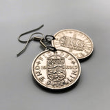 1962 England 1 Shilling coin earrings English shield 3 lions royal arms London Manchester Liverpool Nottingham Sheffield Bradford Birmingham Newcastle Leeds Bristol Southampton United Kingdom e000404