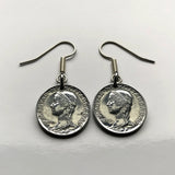 Hungary Magyar 5 Filler coin dangle earrings Hungarian girl Kalocsa tulokparta headdress folk wear Sarkoz costume Matyo embroidery Budapest Debrecen Szeged Miskolc Pecs Gyor Kecskemet Nyiregyhaza e000399