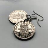 1962 England 1 Shilling coin earrings English shield 3 lions royal arms London Manchester Liverpool Nottingham Sheffield Bradford Birmingham Newcastle Leeds Bristol Southampton United Kingdom e000404