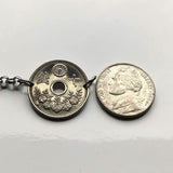 1920's Japan Nippon Nihon 10 Sen coin rolo link bracelet seigaiha waves Yata floral sacred mirror Tokyo Samurai symbol Judo Chrysanthemum blossom b000043