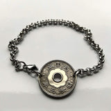 1920's Japan Nippon Nihon 10 Sen coin rolo link bracelet seigaiha waves Yata floral sacred mirror Tokyo Samurai symbol Judo Chrysanthemum blossom b000043