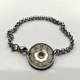 1920's Japan Nippon Nihon 10 Sen coin rolo link bracelet seigaiha waves Yata floral sacred mirror Tokyo Samurai symbol Judo Chrysanthemum blossom b000043