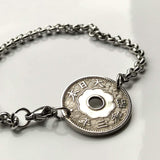 1920's Japan Nippon Nihon 10 Sen coin rolo link bracelet seigaiha waves Yata floral sacred mirror Tokyo Samurai symbol Judo Chrysanthemum blossom b000043