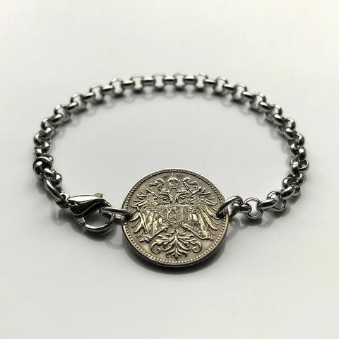 1895 Austria Osterreich 10 Heller coin rolo link bracelet jewelry Austrian eagle Habsburg Vienna Linz Österreicher Schönbrunn Palace Sankt Pölten Styria Mozart b000062