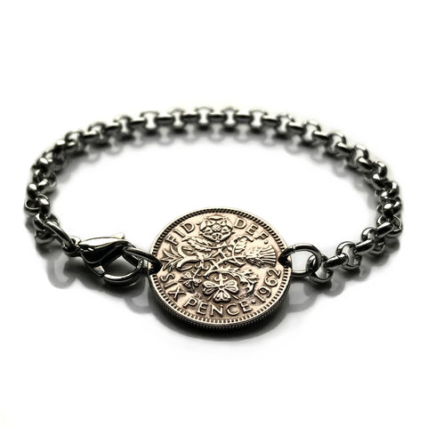 1962 United Kingdom Great Britain 6 Pence coin bracelet beach bridesmaid gift something old new English Tudor rose England Scottish thistle Scotland Irish shamrock Ireland Welsh leek Wales London Edinburgh Belfast Cardiff Manchester Newcastle b000064