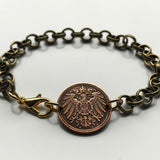 1907 Germany Deutschland 1 Pfennig coin brass rolo link bracelet black German eagle Berlin Hamburg Munich Cologne Frankfurt Stuttgart Düsseldorf Dortmund Leipzig Bremen Dresden Hanover Bavaria Bonn Nuremberg b000073