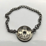1920's Japan Nippon Nihon 10 Sen coin rolo link bracelet seigaiha waves Yata floral sacred mirror Tokyo Samurai symbol Judo Chrysanthemum blossom b000043