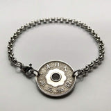 1920's Japan Nippon Nihon 10 Sen coin rolo link bracelet seigaiha waves Yata floral sacred mirror Tokyo Samurai symbol Judo Chrysanthemum blossom b000043