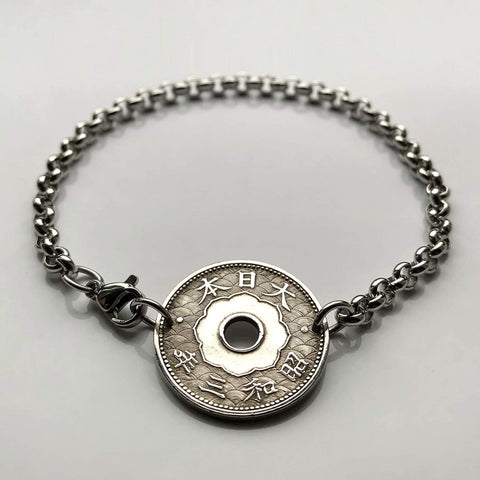 1920's Japan Nippon Nihon 10 Sen coin rolo link bracelet seigaiha waves Yata floral sacred mirror Tokyo Samurai symbol Judo Chrysanthemum blossom b000043