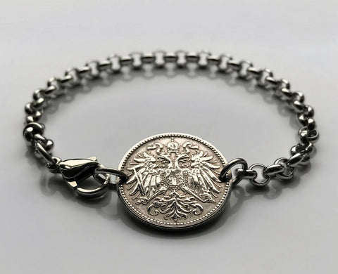 1895 Austria Osterreich 10 Heller coin rolo link bracelet jewelry Austrian eagle Habsburg Vienna Linz Österreicher Schönbrunn Palace Sankt Pölten Styria Mozart b000062
