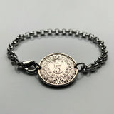1942 Mexico 5 Centavos coin bracelet Aztec Sun Stone Tonatiuh calendar Piedra del Sol Tonalpohualli Mexica sculpture Zocalo Tijuana Moctezuma II Templo Mayor Tenochtitlan Xochimilco golden eagle b000074