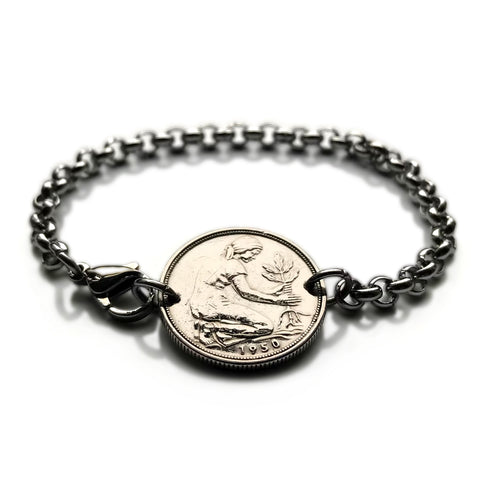 1986 Germany Deutschland 50 Pfennig coin bracelet planting tree seedling gardener Berlin Dresden Hannover Nuremberg Bonn Rostock b000065