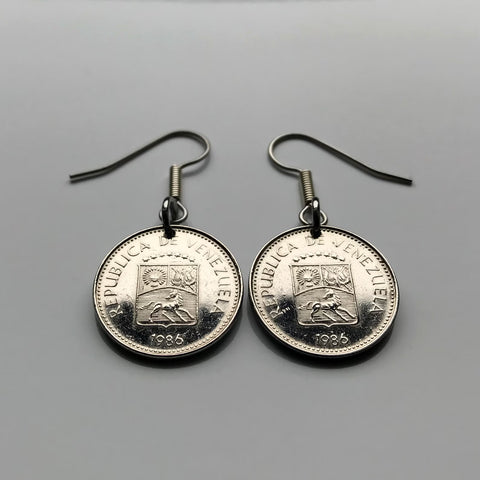 1983 Venezuela 5 Cents coin earrings white horse Palomo Simón Bolívar Caracas Barcelona Maracay Cumaná Barinas San Cristóbal Cabimas e000416