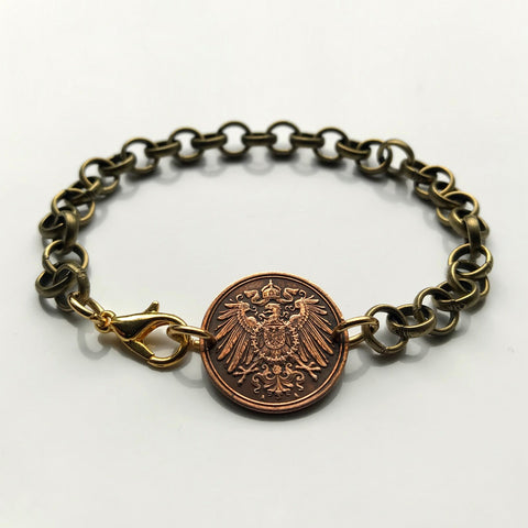 1907 Germany Deutschland 1 Pfennig coin brass rolo link bracelet black German eagle Berlin Hamburg Munich Cologne Frankfurt Stuttgart Düsseldorf Dortmund Leipzig Bremen Dresden Hanover Bavaria Bonn Nuremberg b000073