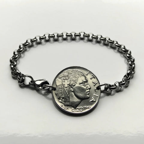 1941 Italy Italian 20 Centesimi coin bracelet Italian lady fasces fascist World War 2 era Savoy shield Benito Mussolini Rome Milan Siena Capri Sardinia Parma San Gimignano Positano Lazio b000084