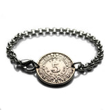 1942 Mexico 5 Centavos coin bracelet Aztec Sun Stone Tonatiuh calendar Piedra del Sol Tonalpohualli Mexica sculpture Zocalo Tijuana Moctezuma II Templo Mayor Tenochtitlan Xochimilco golden eagle b000074