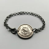 1942 Mexico 5 Centavos coin bracelet Aztec Sun Stone Tonatiuh calendar Piedra del Sol Tonalpohualli Mexica sculpture Zocalo Tijuana Moctezuma II Templo Mayor Tenochtitlan Xochimilco golden eagle b000074