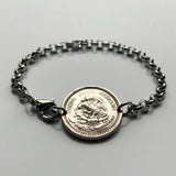 1942 Mexico 5 Centavos coin bracelet Aztec Sun Stone Tonatiuh calendar Piedra del Sol Tonalpohualli Mexica sculpture Zocalo Tijuana Moctezuma II Templo Mayor Tenochtitlan Xochimilco golden eagle b000074