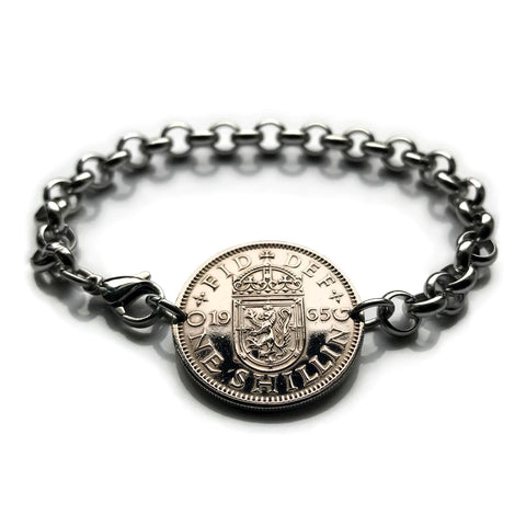 1960 Scotland United Kingdom Great Britain 1 Shilling coin rolo link bracelet jewelry Scottish lion Edinburgh Glasgow Perth Alba Dundee Aberdeen Holyrood Palace Lothian Stirling Scots Inverness Fife British b000078