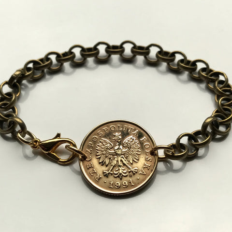 2005 Poland Polska 5 Groszy coin bracelet jewelry white Polish eagle Warsaw Kraków Łódź Wrocław Poznań Gdańsk Szczecin Bydgoszcz Lublin Polak Polonia Zakopane Oświęcim Kołobrzeg Kashubians Białystok b000086