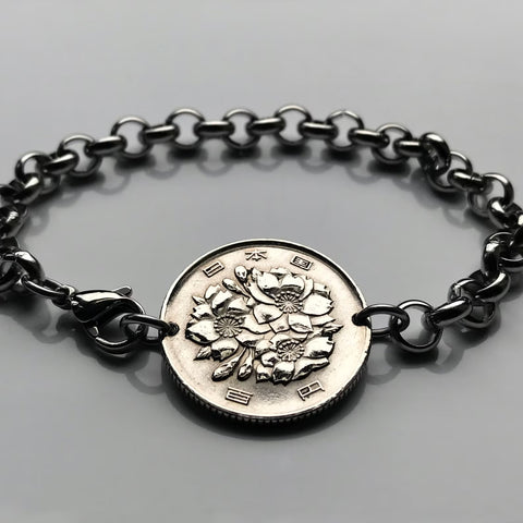 Japan Nippon Nihon 100 Yen coin bracelet sakura cherry blossom Tokyo Osaka Kyoto Okinawa Sendai Chiba Niigata floral b000047