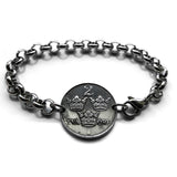 1948 Sweden Sverige 2 Ore coin rolo link bracelet Swedish crown initial G Tre Kroner Swedes Stockholm Gothenburg Malmo Uppsala Linkoping Orebro Ostergotland Norrland Scandinavia Nordic Vikings Norse Svealand Scandes Gotaland Vasteras Helsingborg b000057