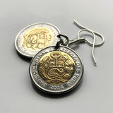 Peru 2 Soles coin earrings escudo Peruano Lima Arequipa Trujillo Chiclayo Piura Huancayo Cusco llama Nazca Line hummingbird Ica e000444