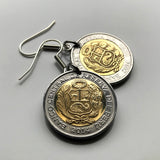 Peru 2 Soles coin earrings escudo Peruano Lima Arequipa Trujillo Chiclayo Piura Huancayo Cusco llama Nazca Line hummingbird Ica e000444