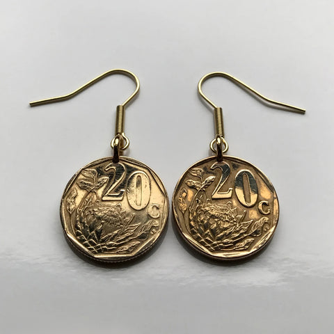 South Africa 20 Cents coin earrings King Protea flower Pretoria Bantu flower plant Eastern Cape isiZulu Northern Sotho Gauteng e000442