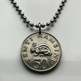 1966 Tanzania 50 Senti coin pendant  rabbit bunny hare Dar es Salaam Mwanza Arusha Dodoma Mbeya Morogoro Kahama Tabora Zanzibar City Tanganyika Serengeti safari Mount Kilimanjaro Swahili Sukuma people  Bantu African Great Lakes Moshi Ngorongoro n003417