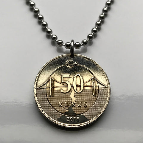 2018 Turkey 50 Kurus coin pendant Bosphorus Bridge Istanbul crescent moon star Ankara Mardin Antalya Canakkale Troy Trabzon Anatolia Göreme Kaş Ephesus Cappadocia Hierapolis İzmir Bursa Hattusa Pergamon Eskisehir Edirne Levent Ottoman n002295