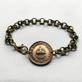 1908 Hungary Magyar 2 Filler coin brass rolo link bracelet jewelry Hungarian Holy Crown of Saint Stephen Szent Korona Budapest Debrecen Szeged Miskolc Pécs Győr Gellért Hill Nyíregyháza Jászság Fejér Hajdú-Bihar b000095