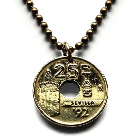 1992 España Spain 25 Pesetas coin pendant Sevilla Fortaleza Torre del Oro watchtower El Arenal Andalusia Guadalquivir Cartuja Island n002064