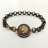 1905 USA United States of America Indian Head Penny One Cent coin rolo link bracelet jewelry native American Liberty Indian headdress New York antique motif b000100