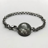 USA 1943 Steel Penny 1 Cent coin stainless steel rolo link bracelet World War 2 era Allies Abraham Lincoln wheat steelie magnetic coin Americana Victory b000099