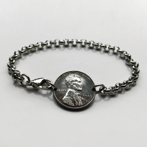 Pulsera de eslabones rolo de acero inoxidable con moneda de 1 centavo de EE. UU. de 1943, de la Segunda Guerra Mundial, con los aliados Abraham Lincoln, moneda magnética de acero con forma de trigo, Victoria Americana b000099