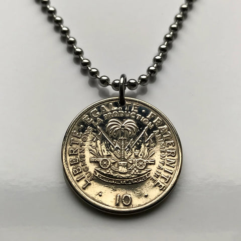 1975 Haiti 10 Centimes coin pendant Haitian flags cannons palm trees Port-au-Prince Cap-Haïtien Carrefour Delmas Pétion-Ville  Port-de-Paix Croix des Bouquets Jacmel Léogâne Les Cayes Citadelle Laferrière Sans-Souci Palace Minot Artibonite n001105