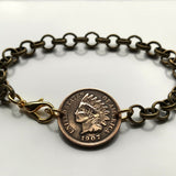 1905 USA United States of America Indian Head Penny One Cent coin rolo link bracelet jewelry native American Liberty Indian headdress New York antique motif b000100